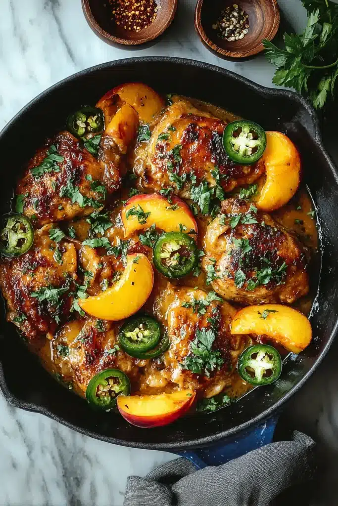 Jalapeno Peach Chicken 2 Jalapeno Peach Chicken with seared thighs, peaches, and jalapeños