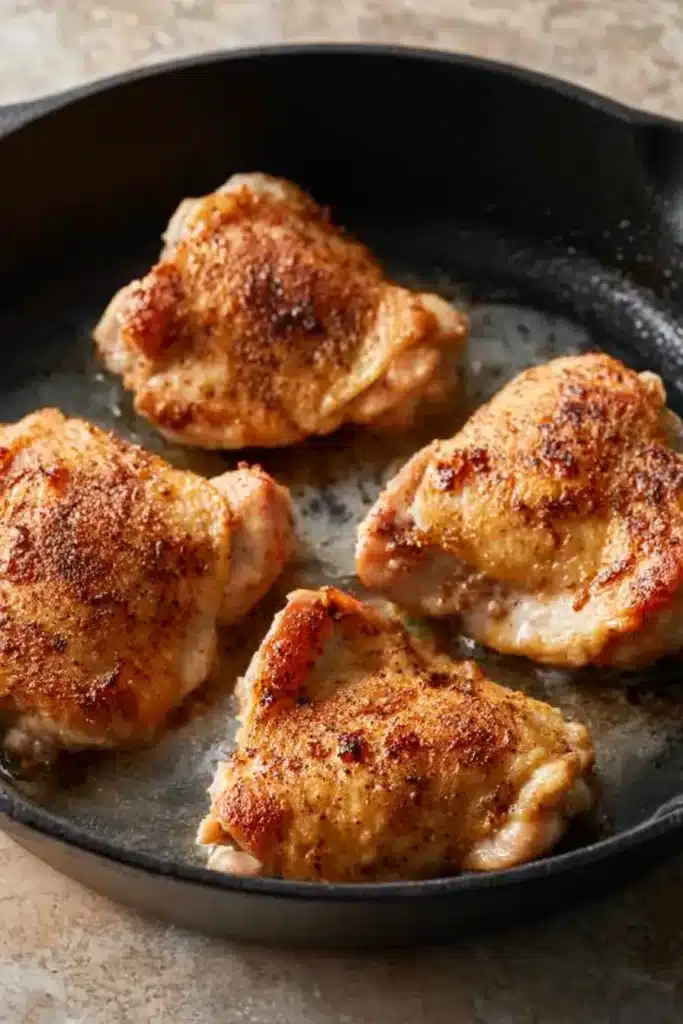 Jalapeno Peach Chicken 2 Jalapeno Peach Chicken thighs searing in a skillet before peach glaze