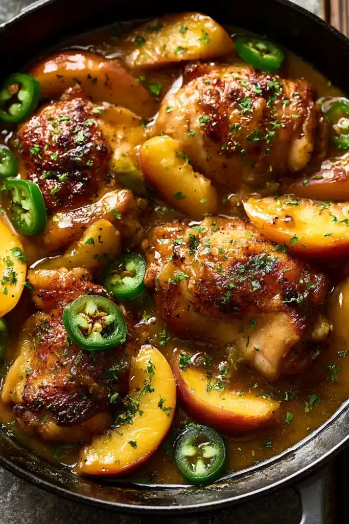 Jalapeno Peach Chicken 1 Jalapeno Peach Chicken skillet with peach slices, jalapeños, and glossy peach glaze
