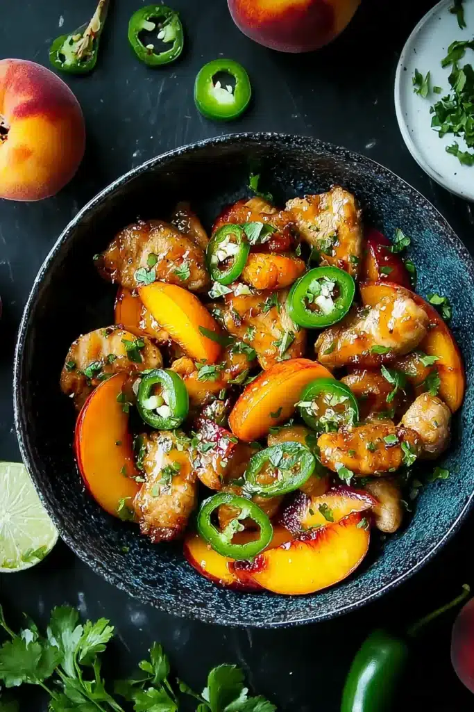 Jalapeno Peach Chicken 1 Jalapeno Peach Chicken with fresh peaches and jalapeños in peach glaze