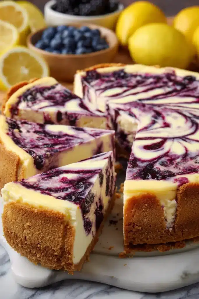 Lemon Blueberry Cheesecake 3 Lemon blueberry cheesecake with creamy filling, blueberry swirls, and graham cracker crust