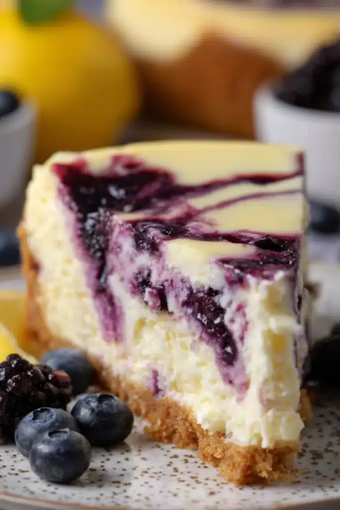 Lemon Blueberry Cheesecake 1 Lemon blueberry cheesecake slice with creamy filling and blueberry swirls