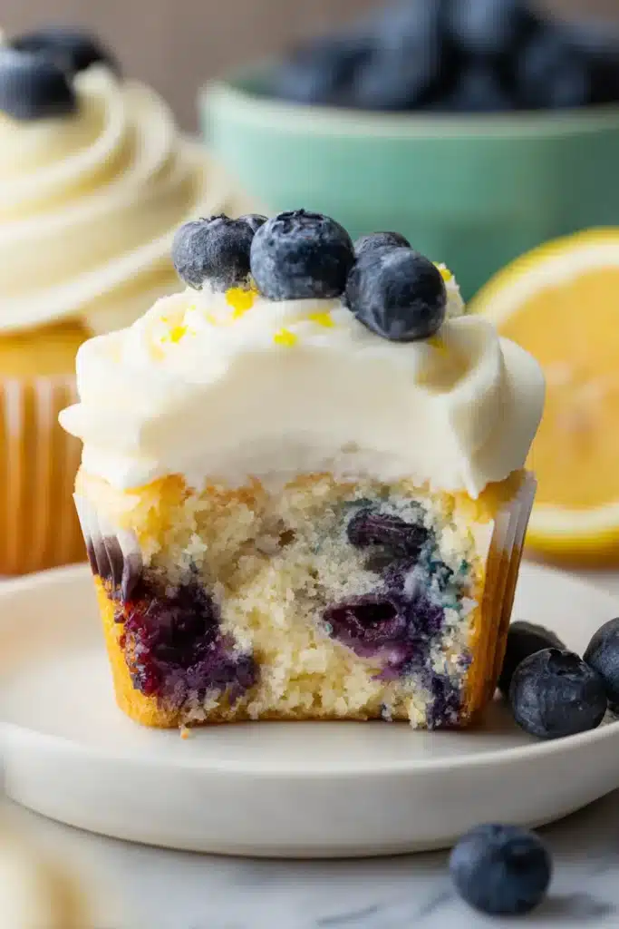 Lemon Blueberry Cupcakes with creamy frosting and juicy blueberry crumb