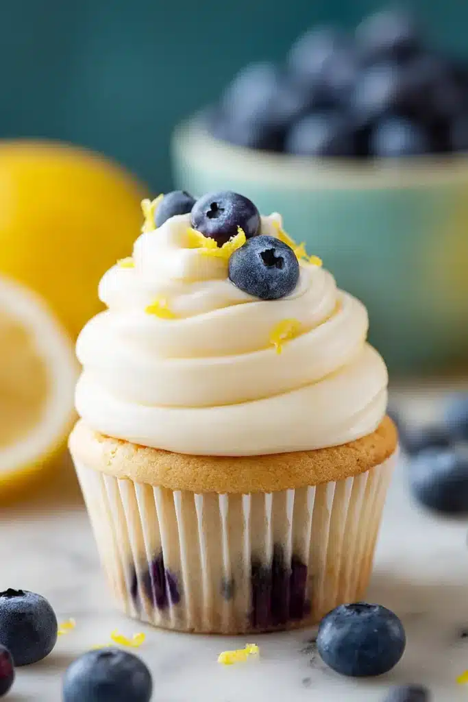 Lemon blueberry cupcake with cream cheese frosting and fresh blueberries