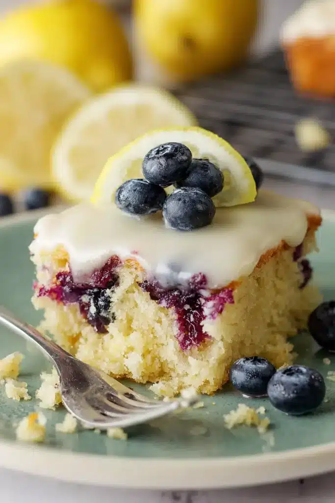 Lemon Blueberry Sheet Cake 2 Lemon Blueberry Sheet Cake slice showing moist crumb and juicy blueberry filling