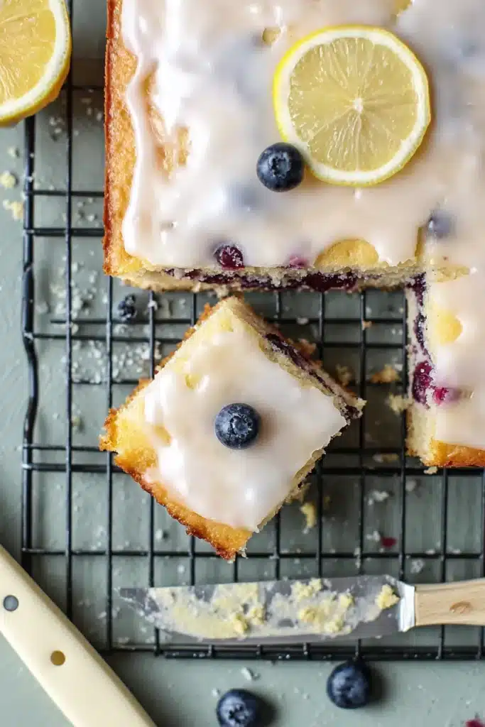 Lemon Blueberry Sheet Cake 3 Lemon Blueberry Sheet Cake with lemon glaze cooling on a wire rack