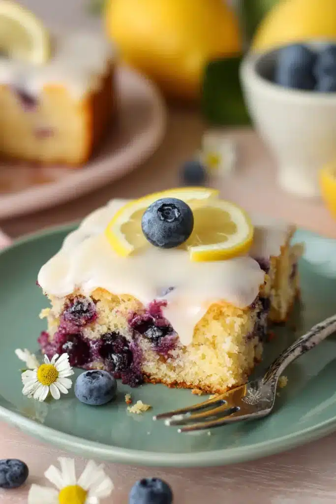 Lemon Blueberry Sheet Cake 1 Lemon Blueberry Sheet Cake with lemon glaze and fresh blueberry garnish