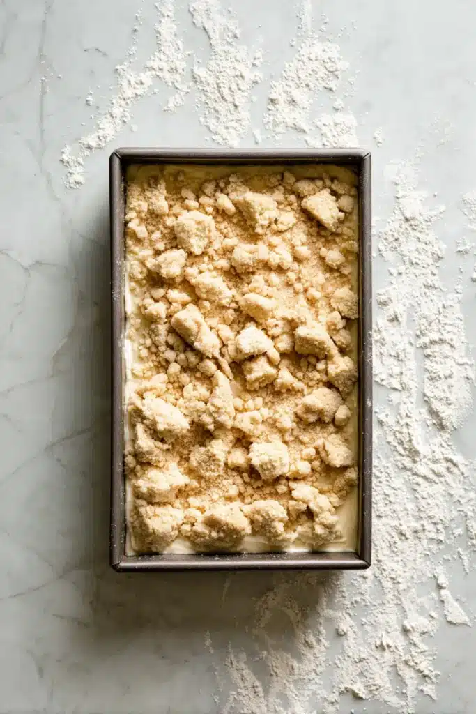 Lemon Cream Cheese Dump Cake 4 Lemon Cream Cheese Dump Cake with crumb topping before baking