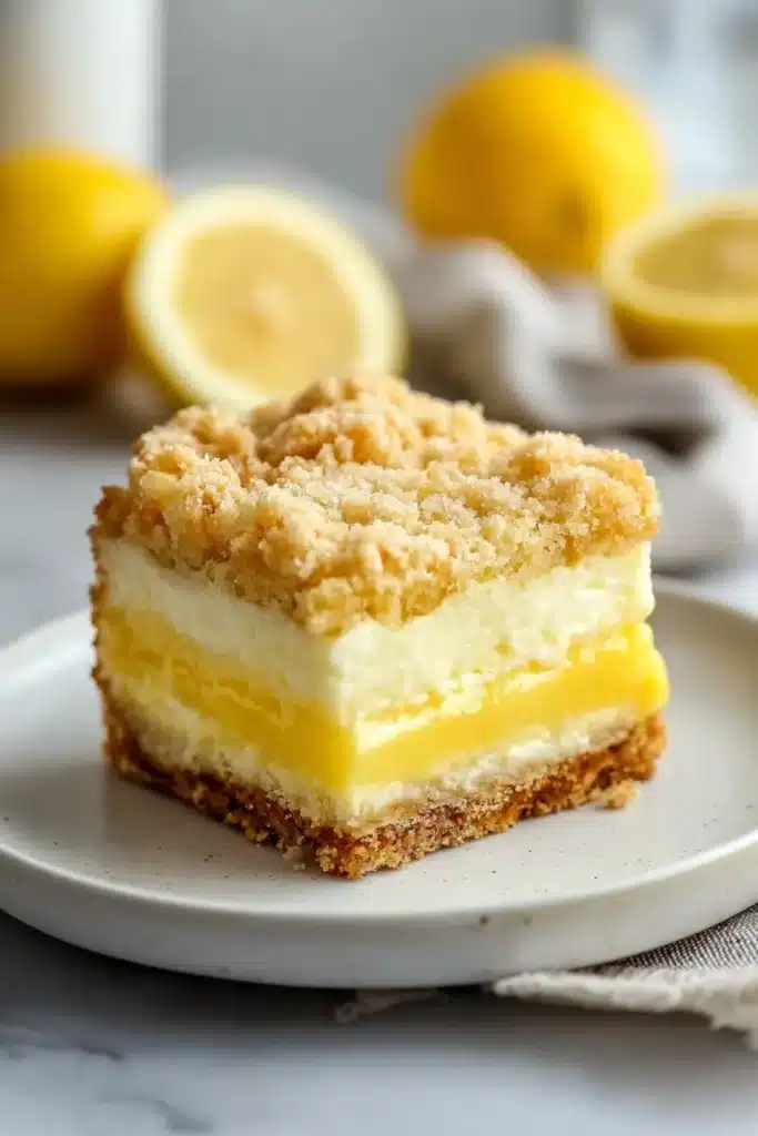 Lemon Cream Cheese Dump Cake 1 Lemon cream cheese dump cake with creamy layers and golden crumb topping