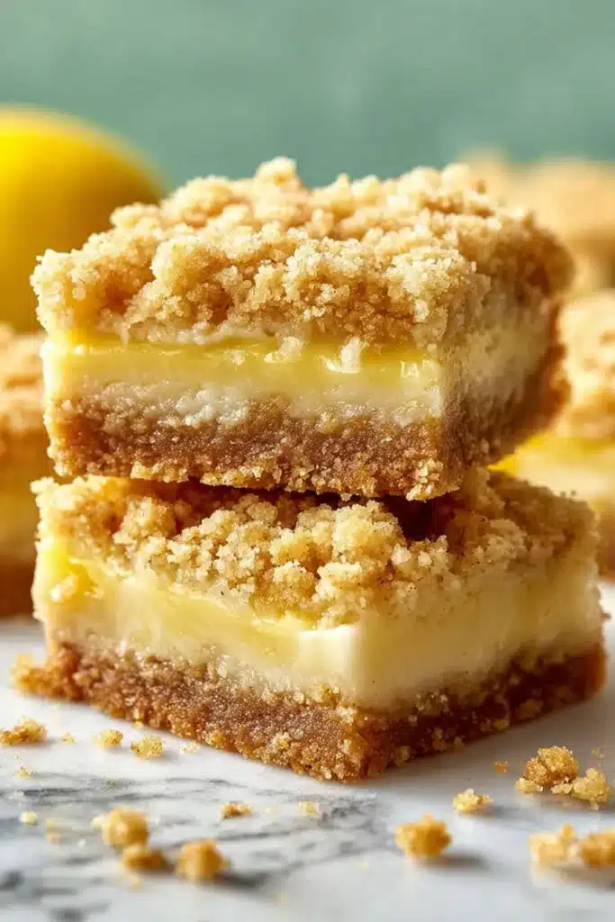 Stacked Lemon Crumb Bars with creamy lemon filling and buttery crumb topping