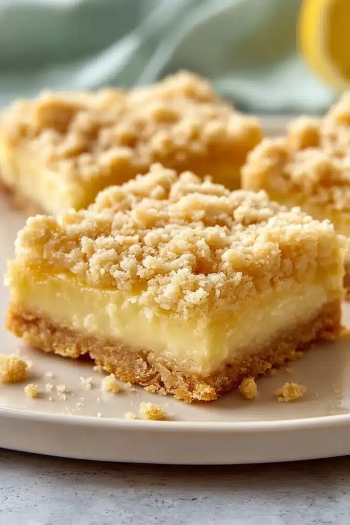 Lemon Crumb Bars close up showing creamy lemon filling and crisp crumb topping