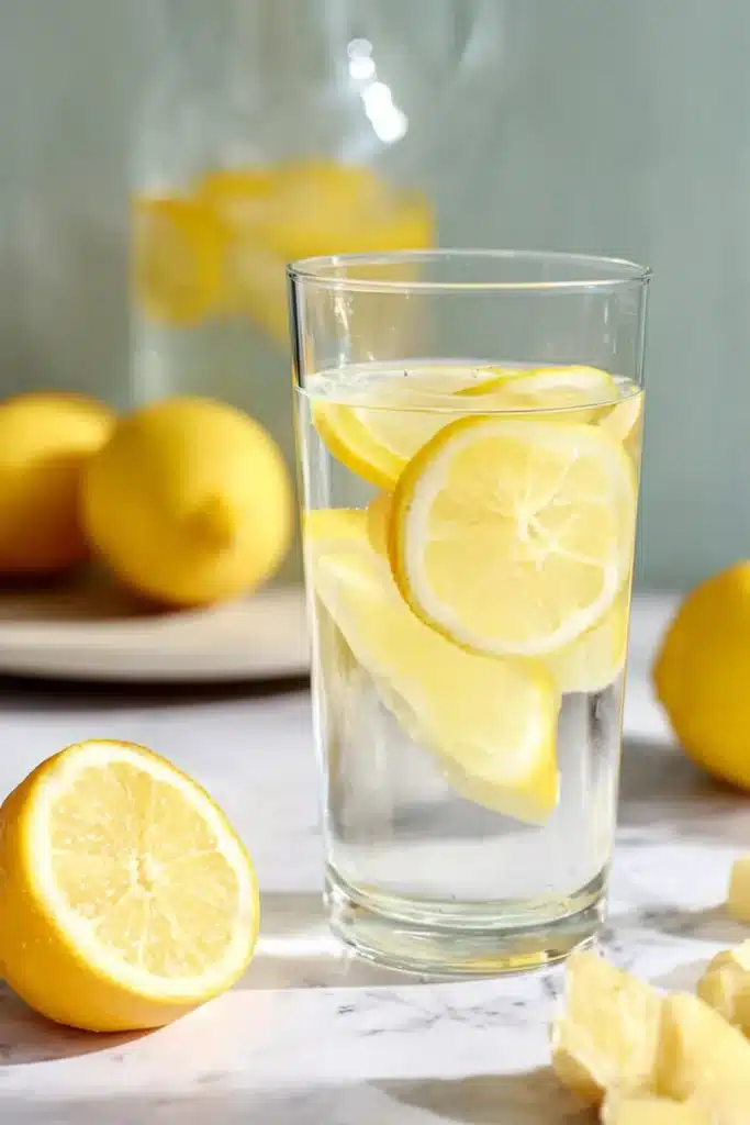 Lemon Ginger Water 1 Lemon Ginger Water with fresh lemon slices in a clear glass