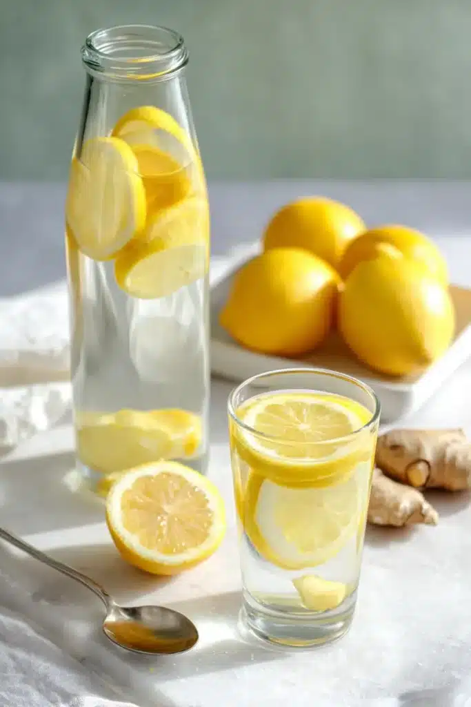 Lemon Ginger Water 3 Glass of Lemon Ginger Water with fresh lemon slices