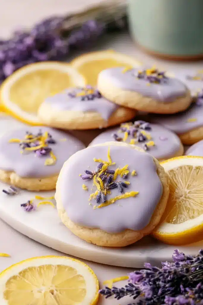 Lemon Lavender Cookies 1 Lemon lavender cookies with pastel glaze, fresh lemon slices, and lavender flowers