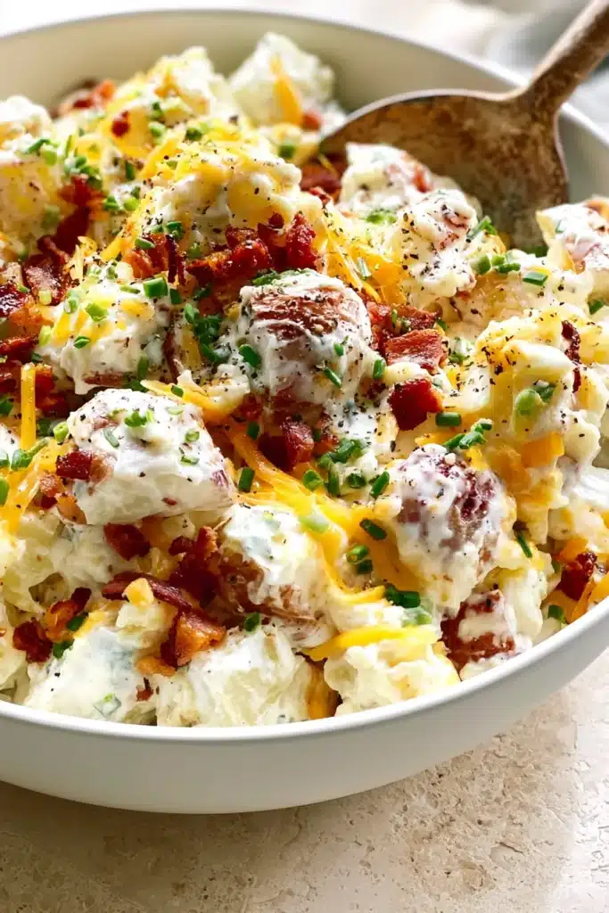 Loaded baked potato salad with bacon, cheddar cheese, green onions, and creamy dressing