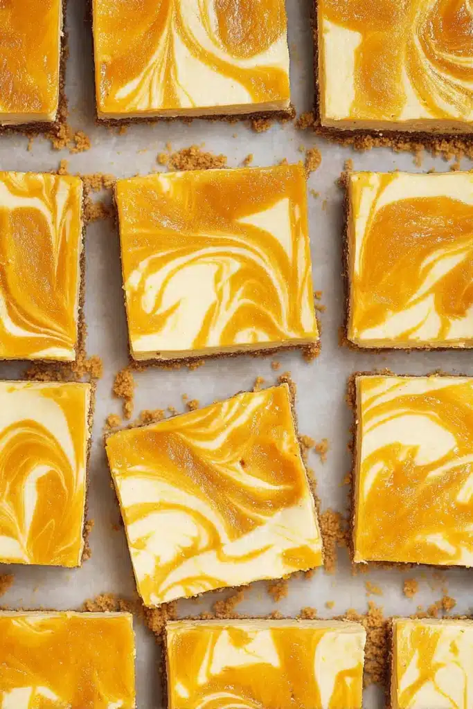 Mango Cheesecake Bars 1 Mango Cheesecake Bars sliced into squares with creamy mango swirl topping