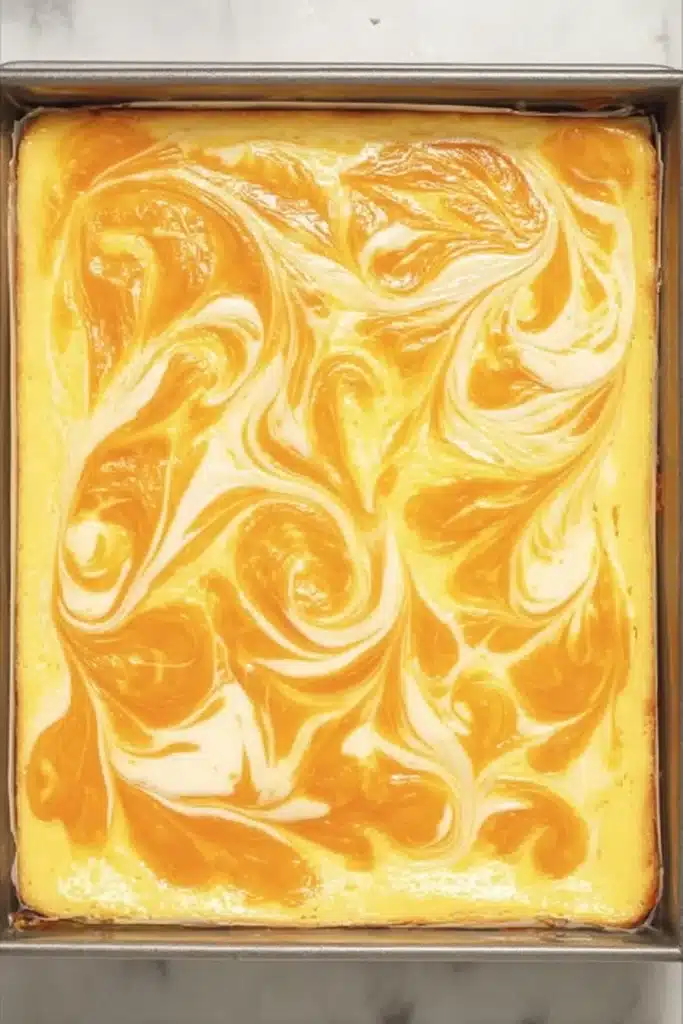 Mango Cheesecake Bars 4 Mango Cheesecake Bars with creamy mango swirl before baking