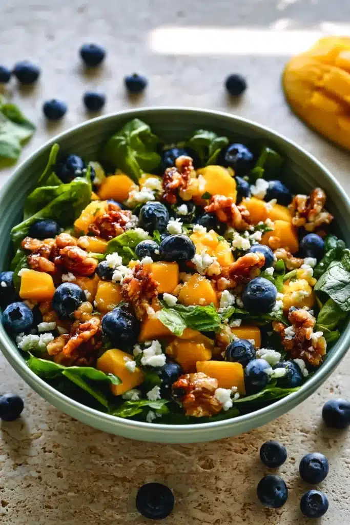 Mango Salad ingredients with spinach, blueberries, feta, and walnuts