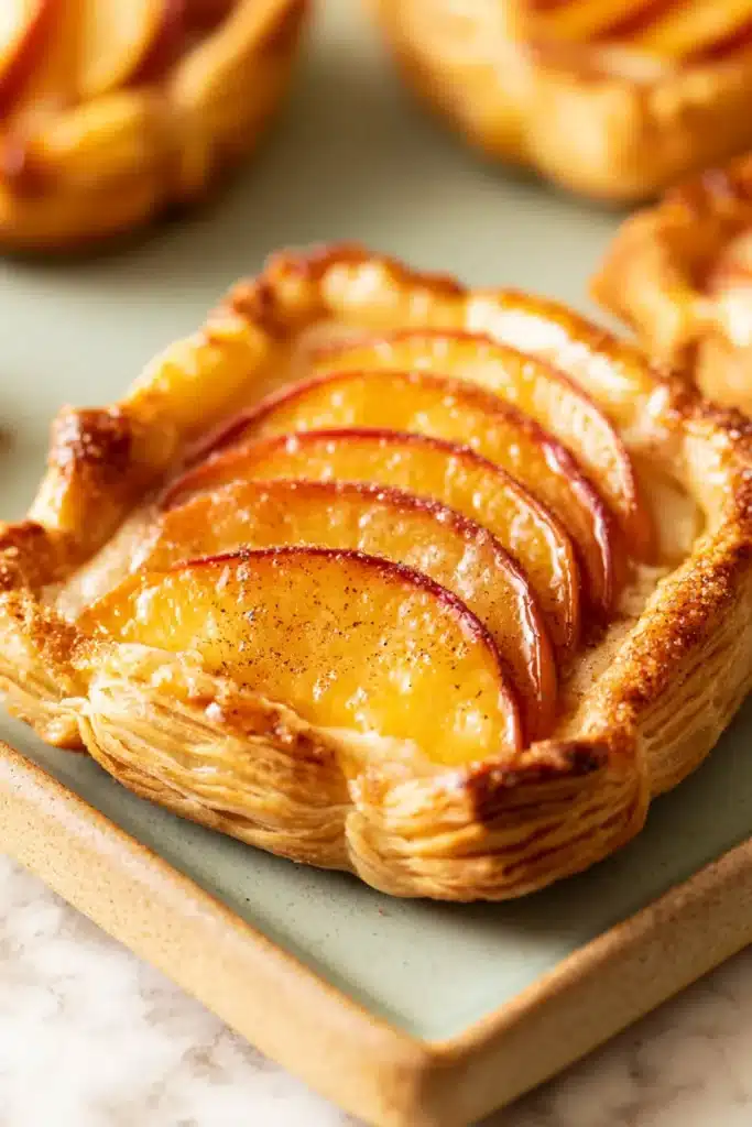 Mini peach and cream cheese tarts with flaky pastry and fresh peaches