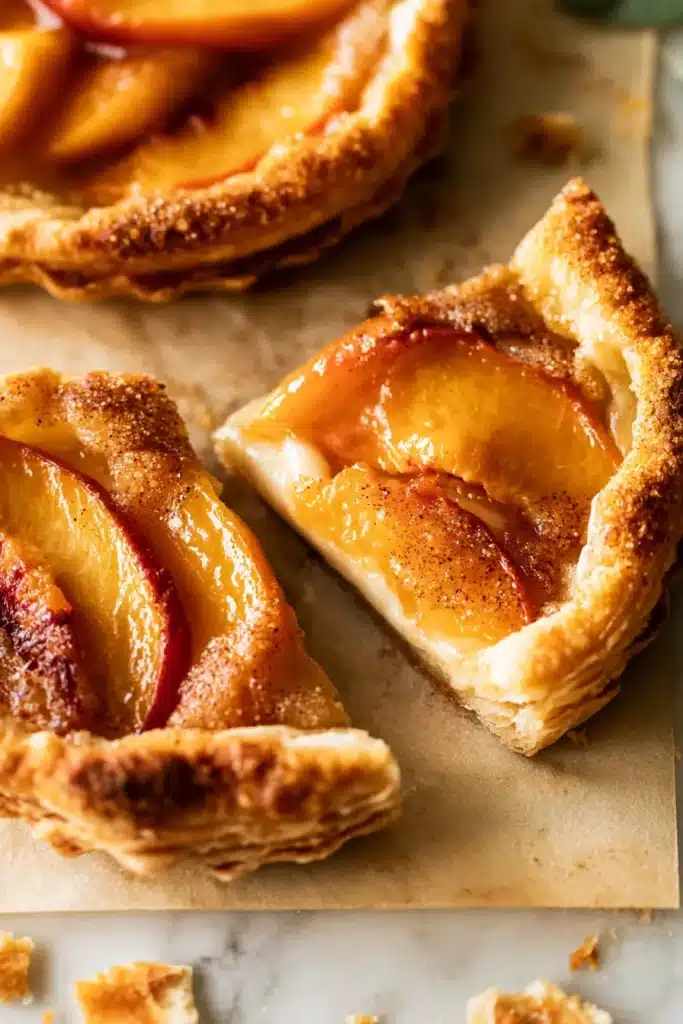 Mini peach and cream cheese tarts showing flaky pastry and creamy filling