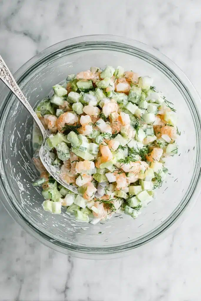 Cucumber Shrimp Salad mixed with creamy lime dill dressing in a glass bowl