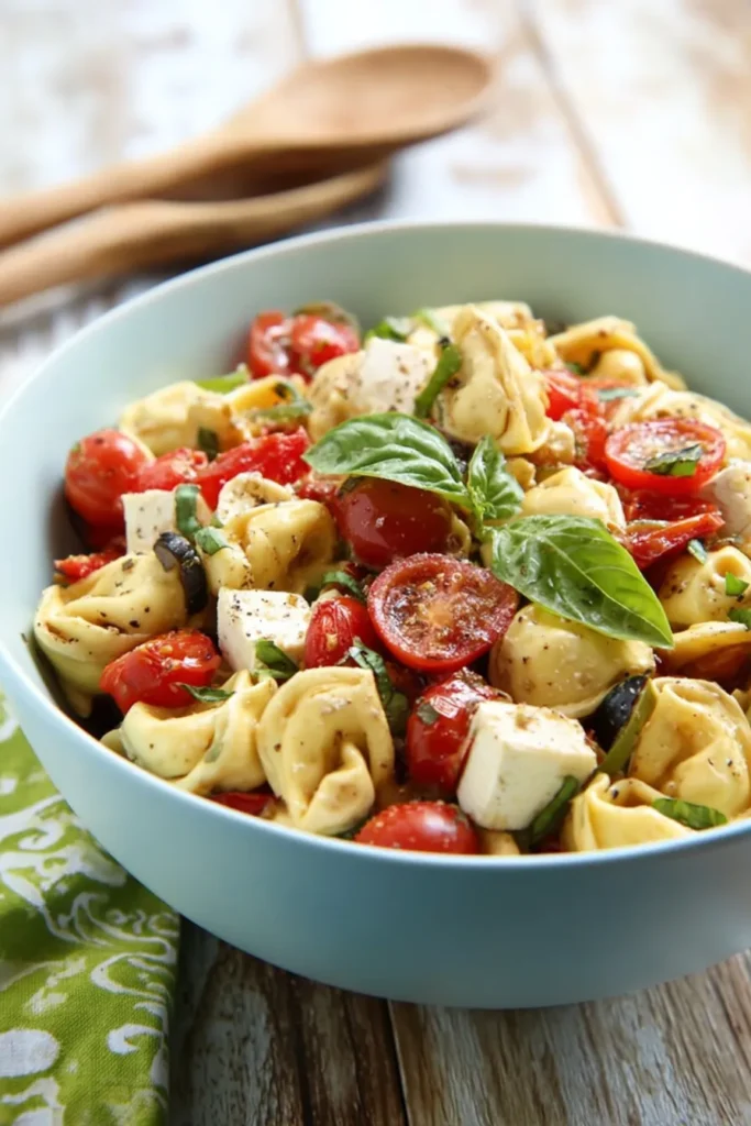 Parmesan Tortellini Salad 1 Parmesan Tortellini Salad with mozzarella, tomatoes, olives, basil, and tangy Parmesan dressing