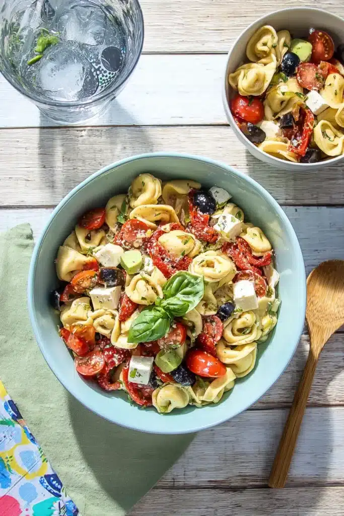 Parmesan Tortellini Salad 2 Parmesan Tortellini Salad served in large and small bowls with basil, mozzarella, olives, and tomatoes
