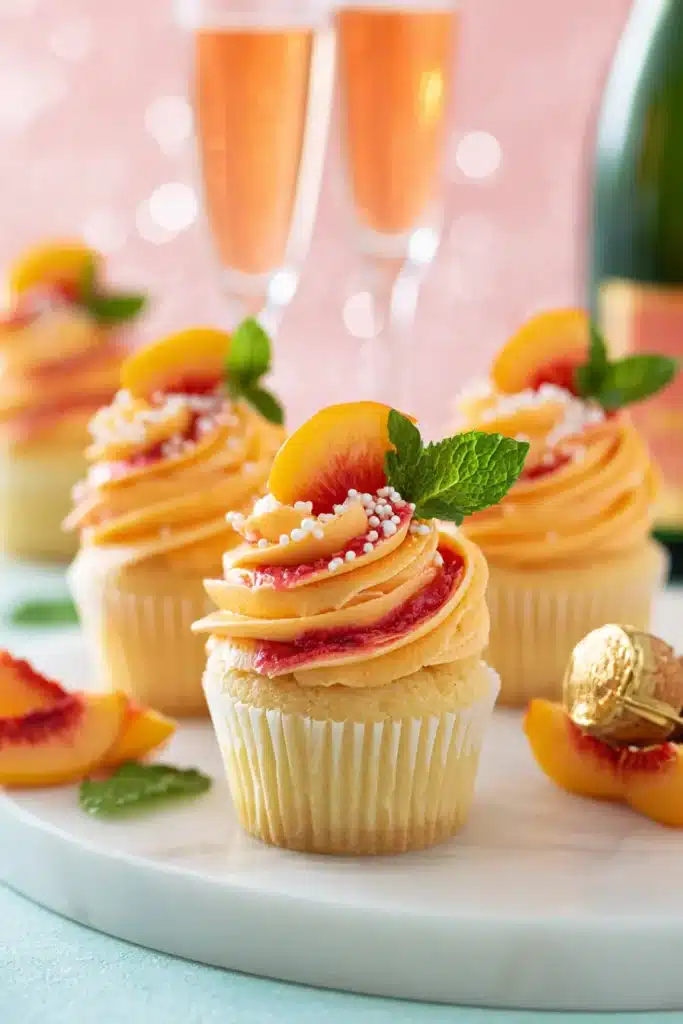 Peach Bellini Cupcakes 7 Peach Bellini Cupcakes with peach buttercream and champagne inspired garnish