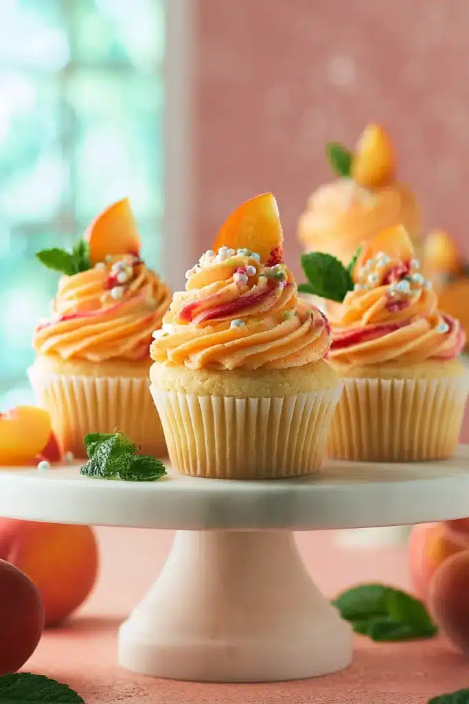 Peach Bellini Cupcakes 1 Peach Bellini Cupcakes with peach buttercream and fresh peach garnish