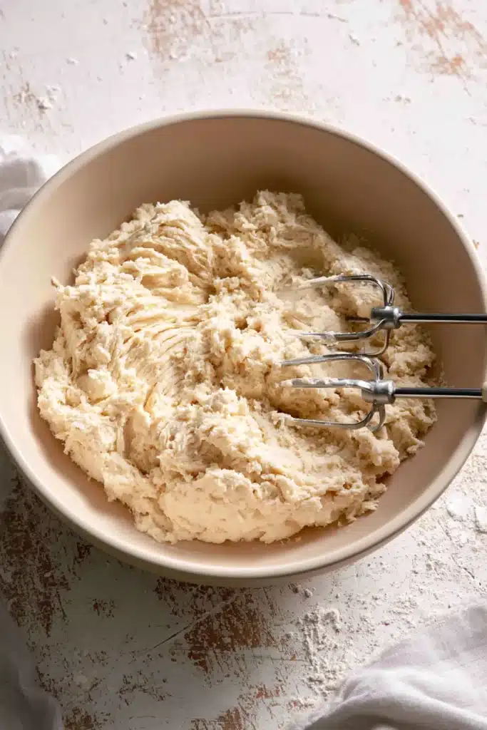 Peach Bruschetta with Whipped Ricotta cookie dough mixed until soft and fluffy
