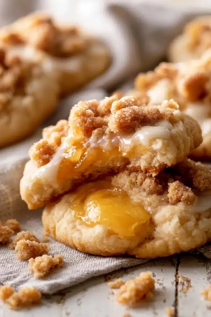 Peach cobbler cookies with peach filling, cinnamon crumble, and vanilla glaze