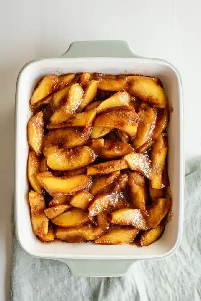 Peach Crisp Recipe 4 Peach Crisp filling prepared in baking dish before adding oat topping
