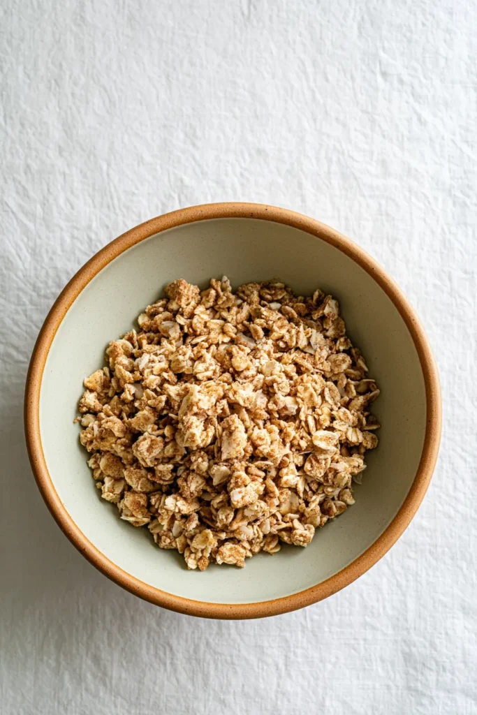 Peach Crisp Recipe 3 Peach Crisp oat crumble topping prepared before baking