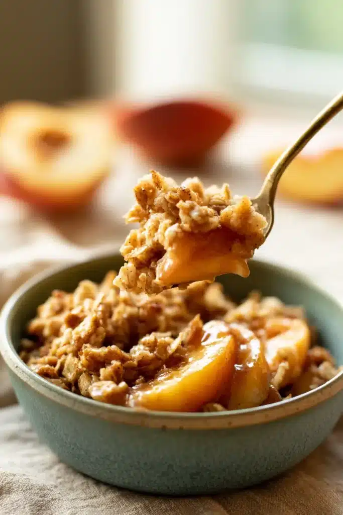Peach Crisp Recipe 1 Peach crisp with cinnamon oat topping and juicy baked peaches in a rustic bowl