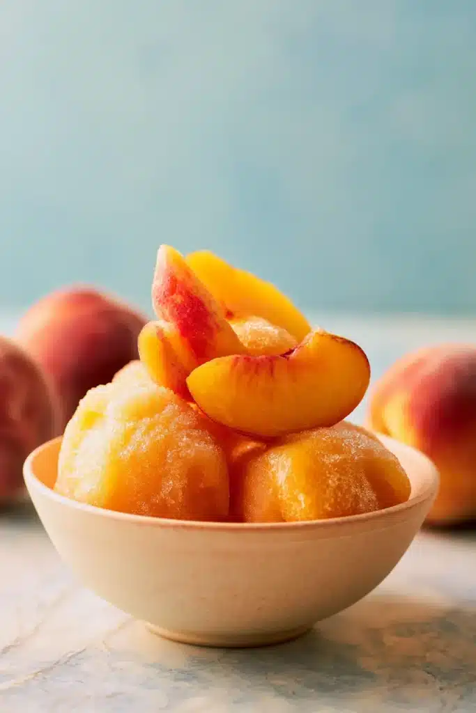 Peach Sorbet scoops in a ceramic bowl with fresh peach slices