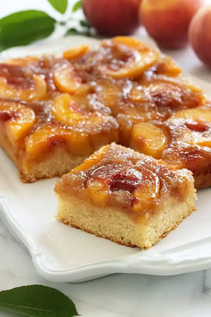 Peach Upside-Down Cake sliced and served with caramelized peaches