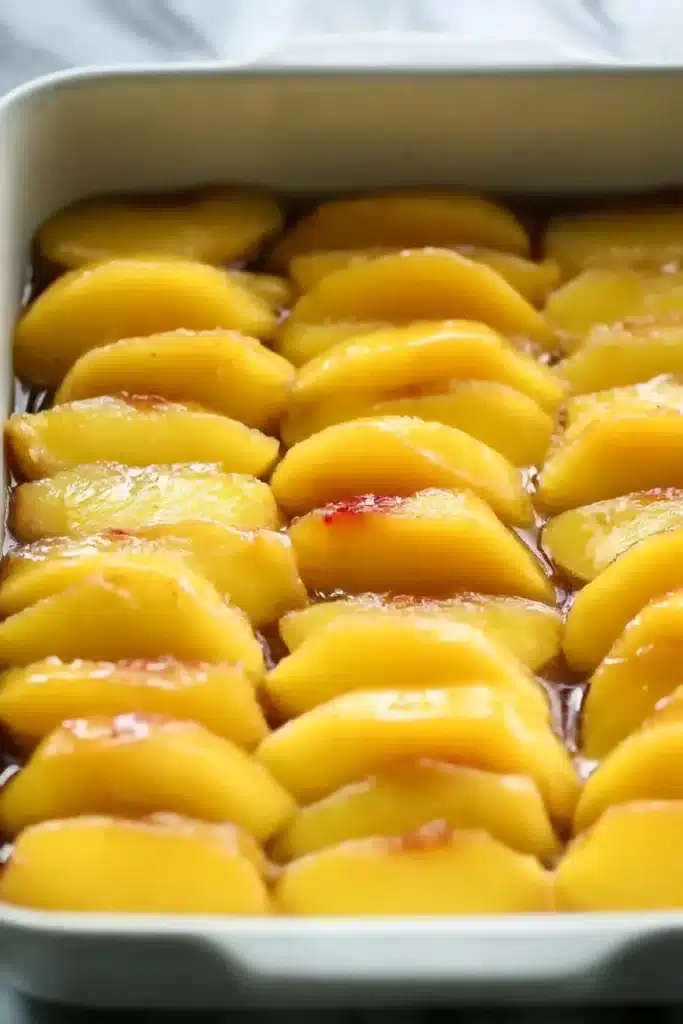 Peach Upside-Down Cake peach slices arranged in baking dish