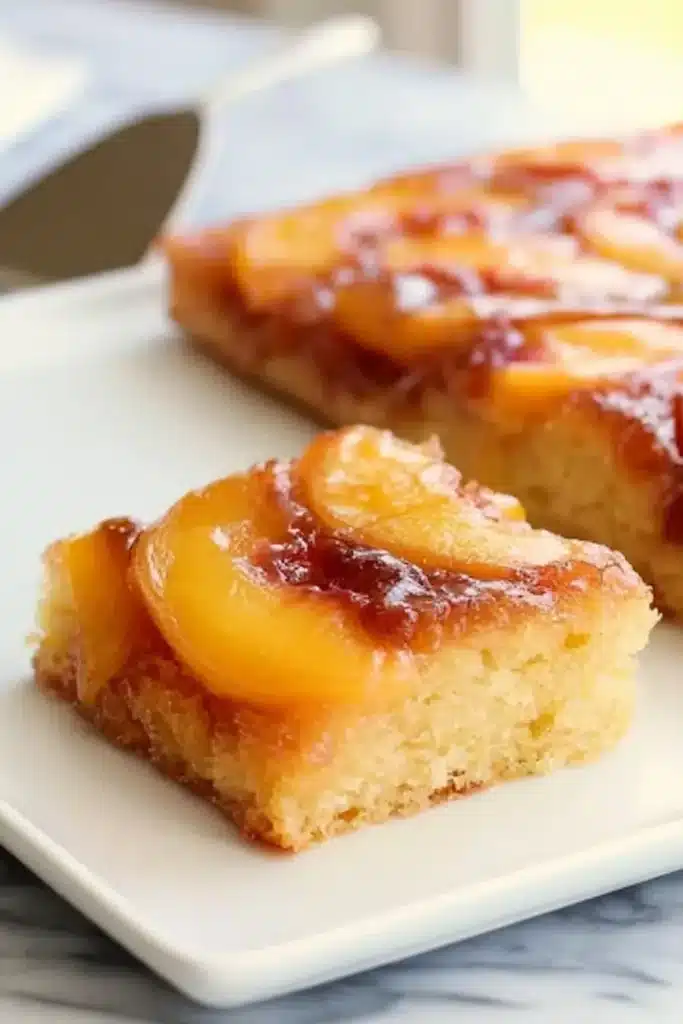 Peach Upside-Down Cake slice with caramelized peach topping