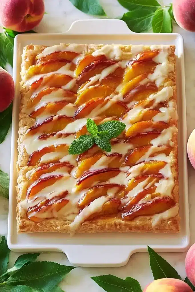 Peach Upside-Down Cake topped with fresh peaches and vanilla glaze