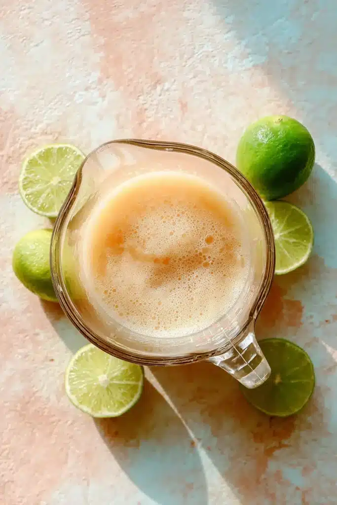 Blended Pineapple Peach Agua Fresca mixture with fresh limes