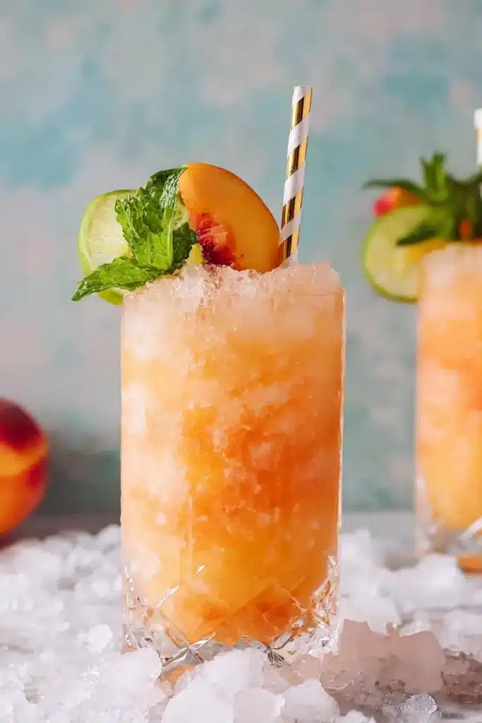 Pineapple Peach Agua Fresca served with crushed ice, peach, lime, and mint