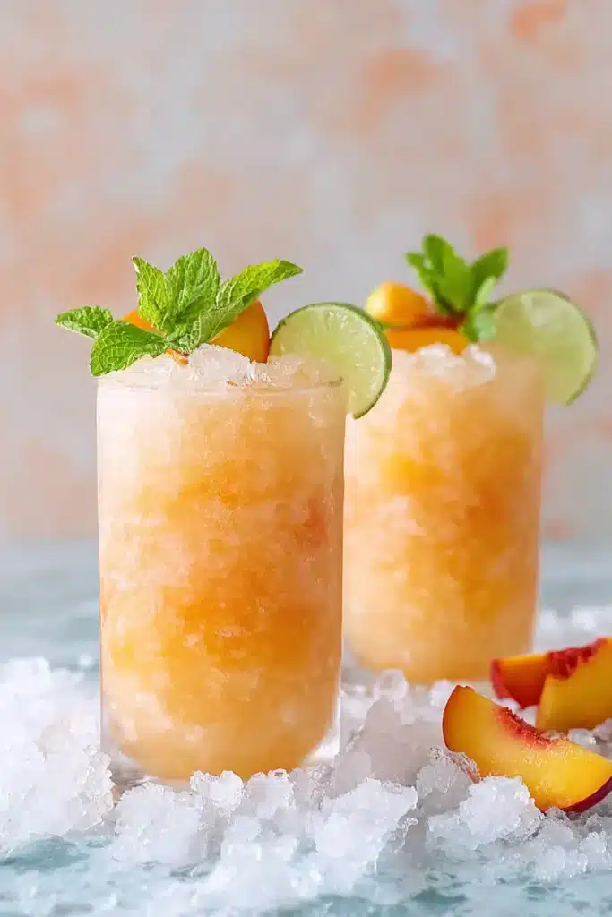 Pineapple Peach Agua Fresca served over crushed ice with peach, lime, and mint