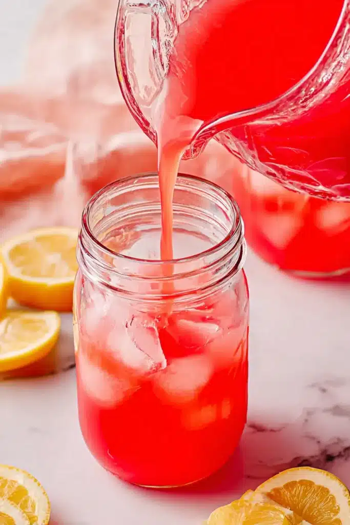Watermelon Lemonade 4 Watermelon Lemonade being poured into a mason jar filled with ice