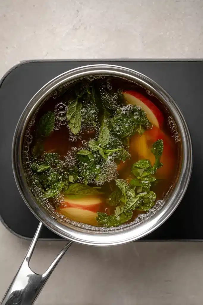 Refreshing Apple Iced Tea 2 Refreshing Apple Iced Tea brewing with mint leaves and apple slices in a saucepan