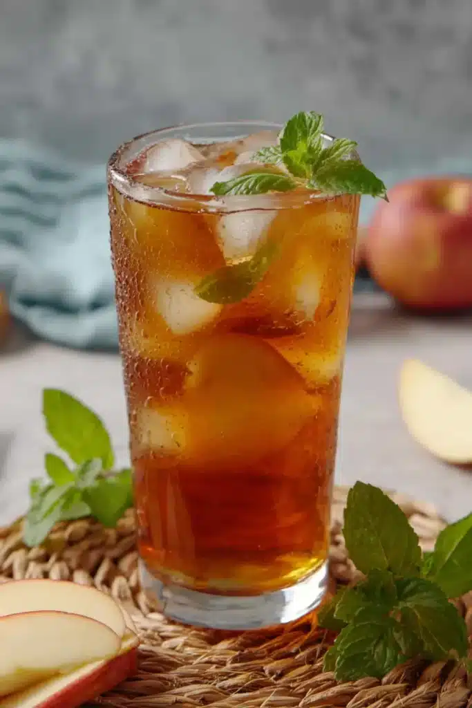 Refreshing Apple Iced Tea 4 Refreshing Apple Iced Tea with ice cubes, mint leaves, and fresh apple slices