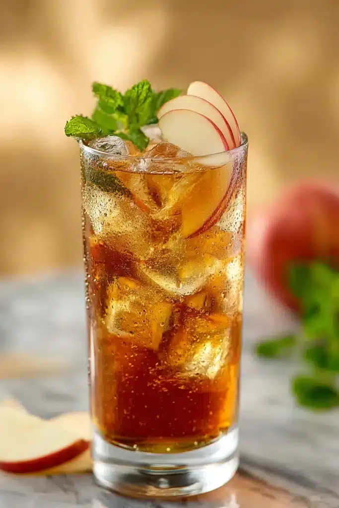 Refreshing Apple Iced Tea 1 Refreshing apple iced tea with mint leaves, apple slice, and ice cubes in a tall glass