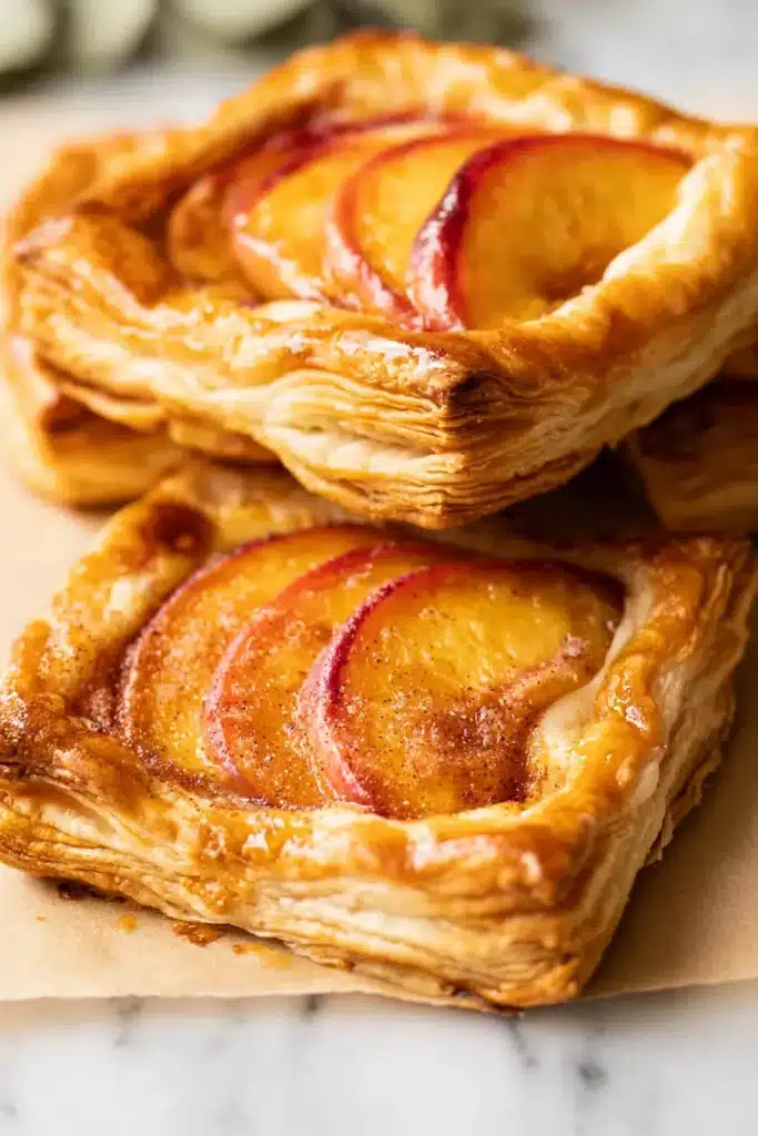 Mini peach and cream cheese tarts with flaky pastry and fresh peach slices