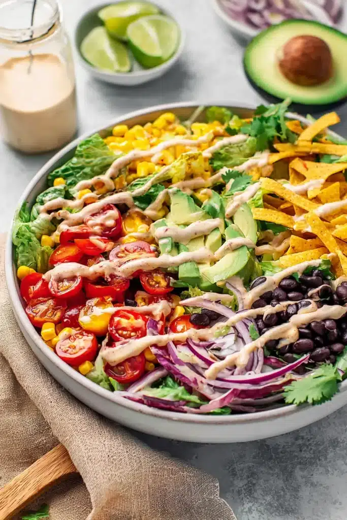 Southwest Salad Recipe 1 Southwest Salad with avocado, black beans, corn, tomatoes, and chipotle ranch