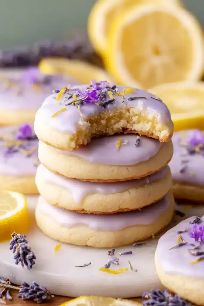 Lemon Lavender Cookies 2 Lemon Lavender Cookies stacked with lavender glaze and soft buttery crumb