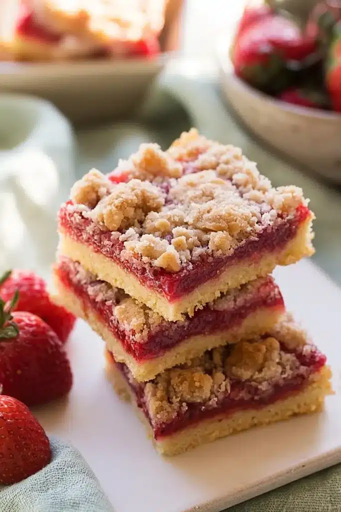Strawberry Crumb Bars 4 Strawberry Crumb Bars stacked with buttery crust and jammy filling
